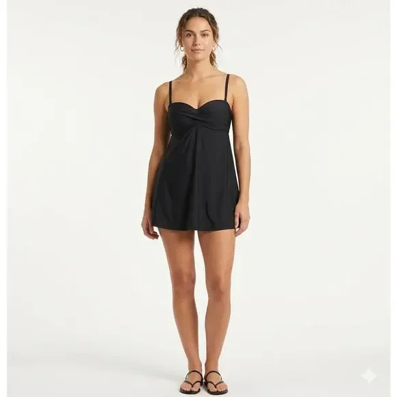 DKNY Black Ruched Sweetheart Swim Dress Size 12 - Picture 2 of 9